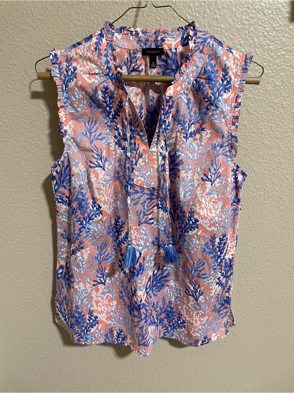 Talbots Coral Pink and Blue Printed Sleeveless Tie-Front Shell